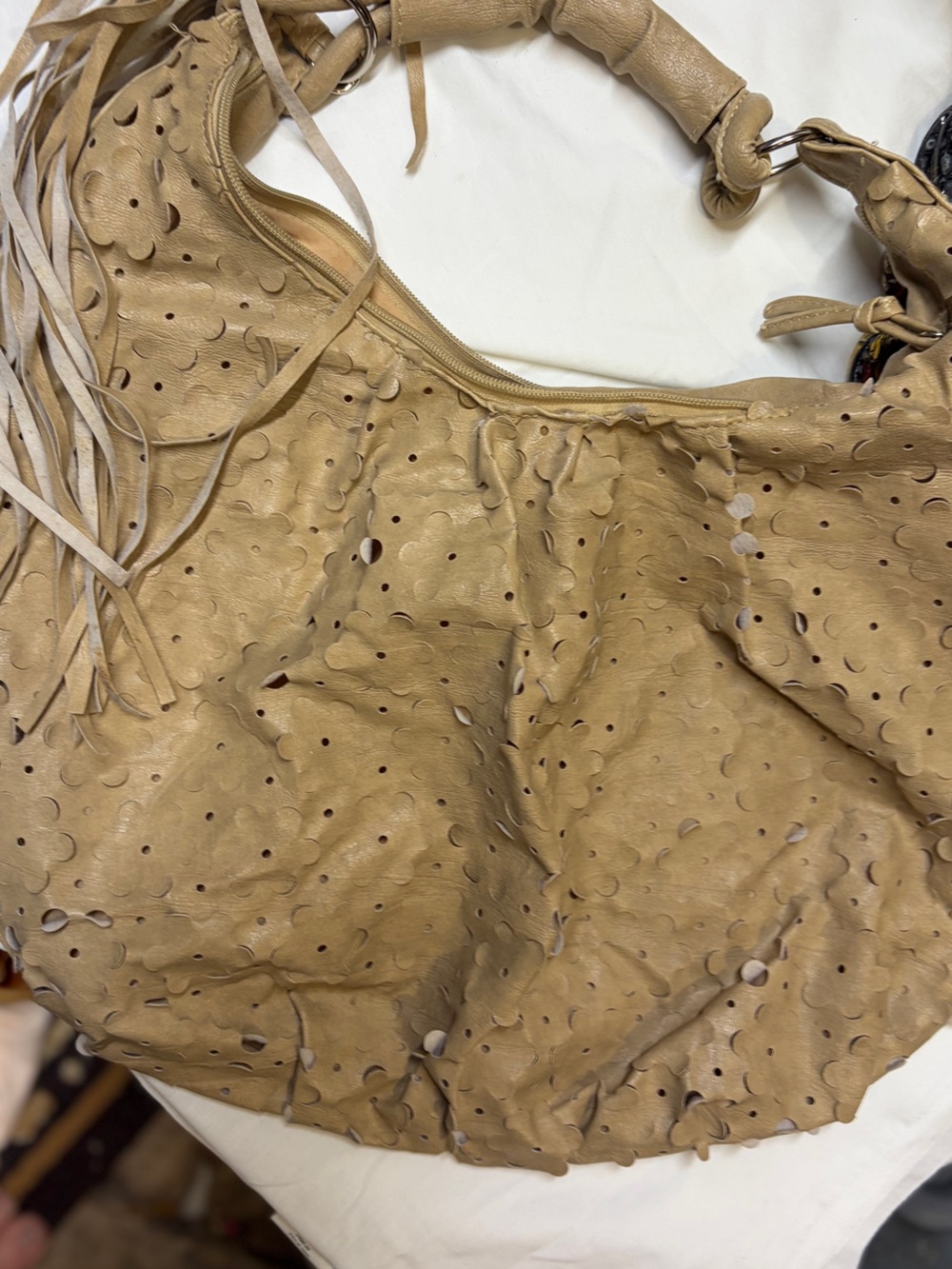 Floral Geometric Tan Leather Fringe Hobo Bag Large EUC